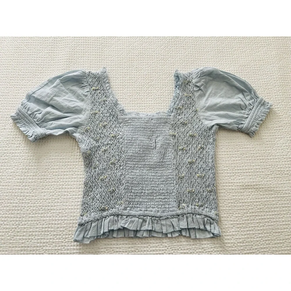 Free People Cecelia Puff Sleeve Smocked embroidered‎ Rosette Cute Top Size L $98
